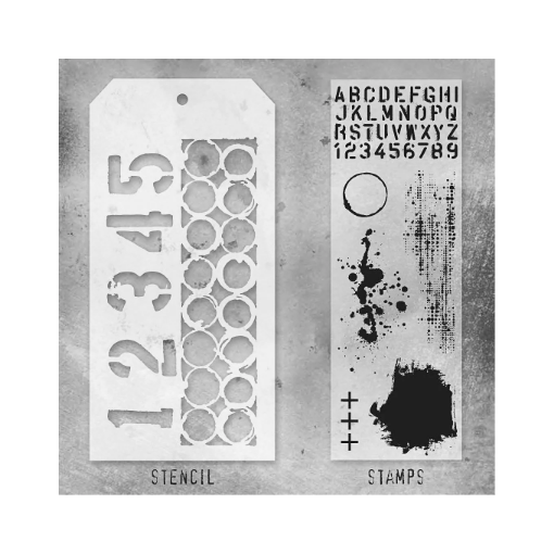 Picture of Stampers Anonymous Tim Holtz Σετ με Σφραγίδες και Στένσιλ - Grunged, Numbered and Ringer,  7τεμ.   